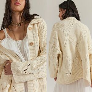 NWT FREE PEOPLE heart you chunky Knit ivory Sweater size Large - Oversize look
